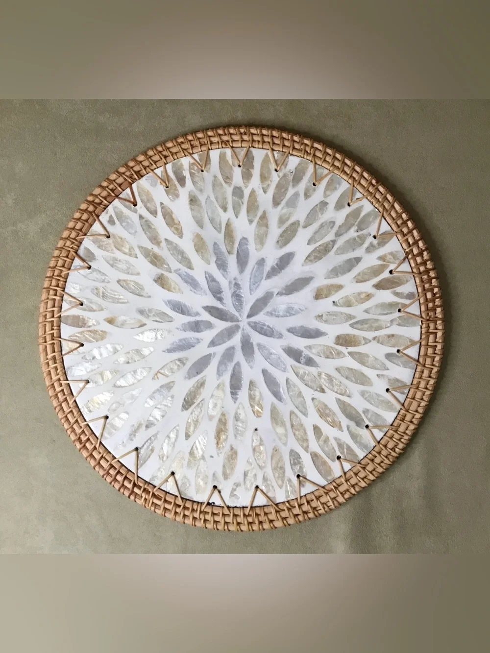 Brazil Station White Mother-of-Pearl Plate Charger with Handwoven Rattan Frame